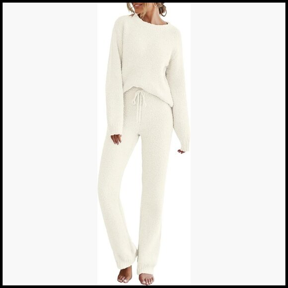 Fuzzy Fleece Pajama Set Long Sleeve Crew Neck Pullover Drawstring Pants